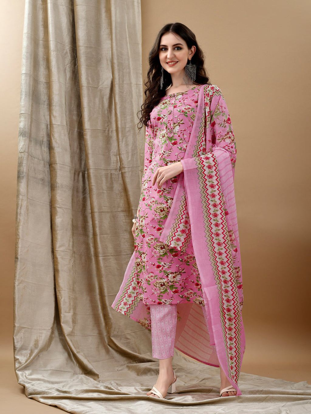 Floral Printed Kurta With Pant & Dupatta, Pink - Hiral Fashion