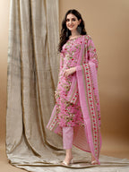 Floral Printed Kurta With Pant & Dupatta, Pink - Hiral Fashion