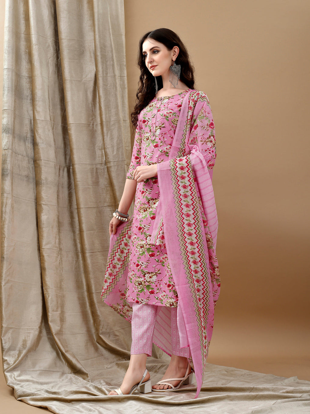 Floral Printed Kurta With Pant & Dupatta, Pink - Hiral Fashion