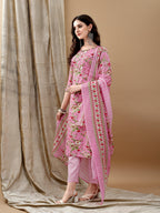 Floral Printed Kurta With Pant & Dupatta, Pink - Hiral Fashion