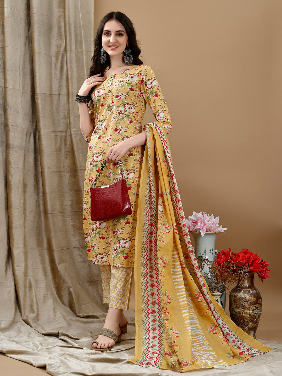 Floral Printed Kurta With Pant & Dupatta, Yellow - Hiral Fashion