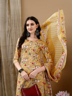 Floral Printed Kurta With Pant & Dupatta, Yellow - Hiral Fashion