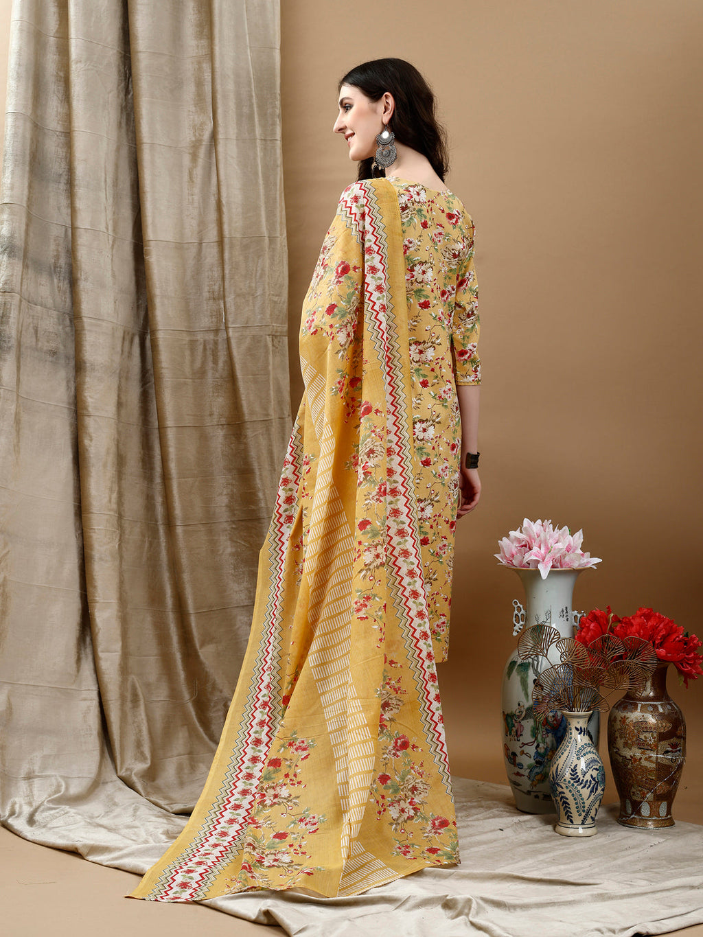 Floral Printed Kurta With Pant & Dupatta, Yellow - Hiral Fashion