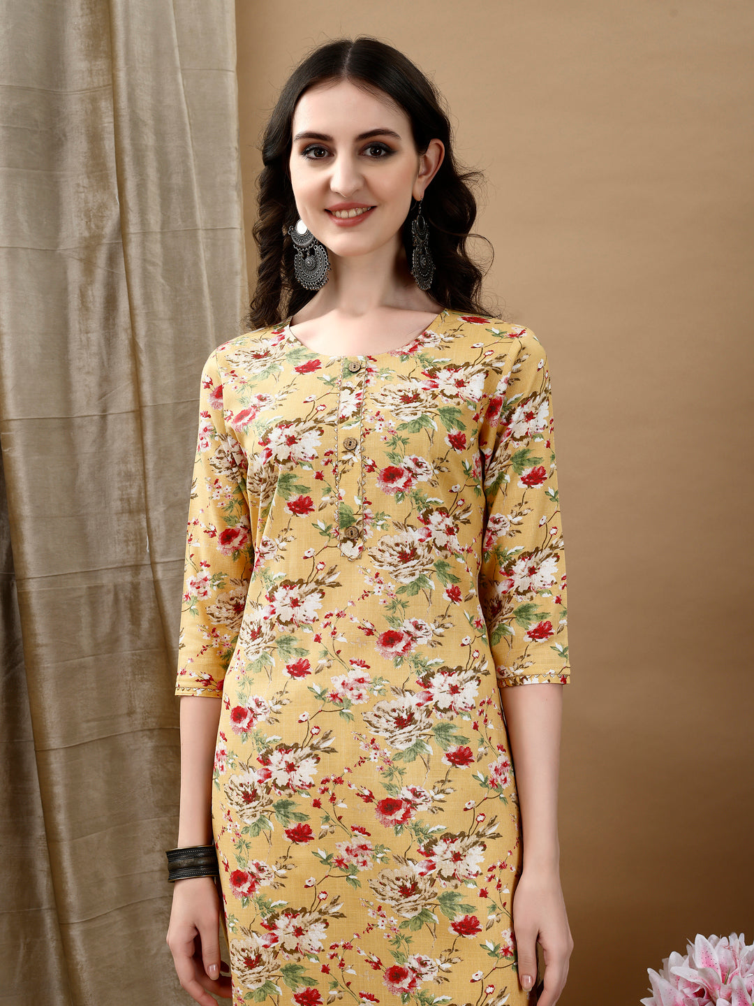 Floral Printed Kurta With Pant & Dupatta, Yellow - Hiral Fashion