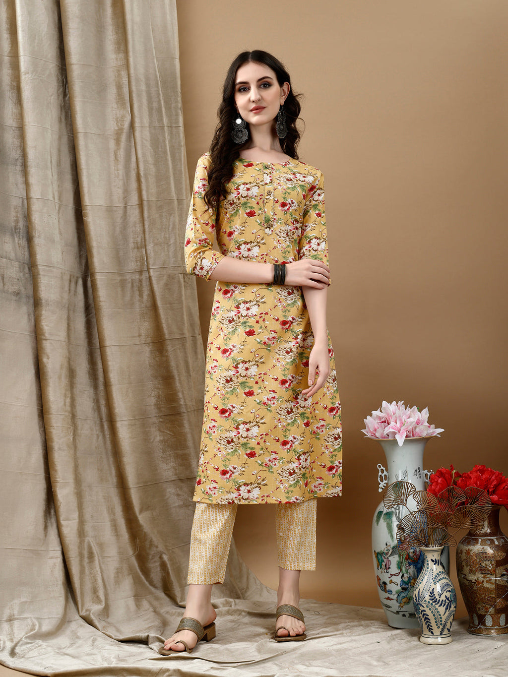 Floral Printed Kurta With Pant & Dupatta, Yellow - Hiral Fashion