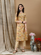 Floral Printed Kurta With Pant & Dupatta, Yellow - Hiral Fashion