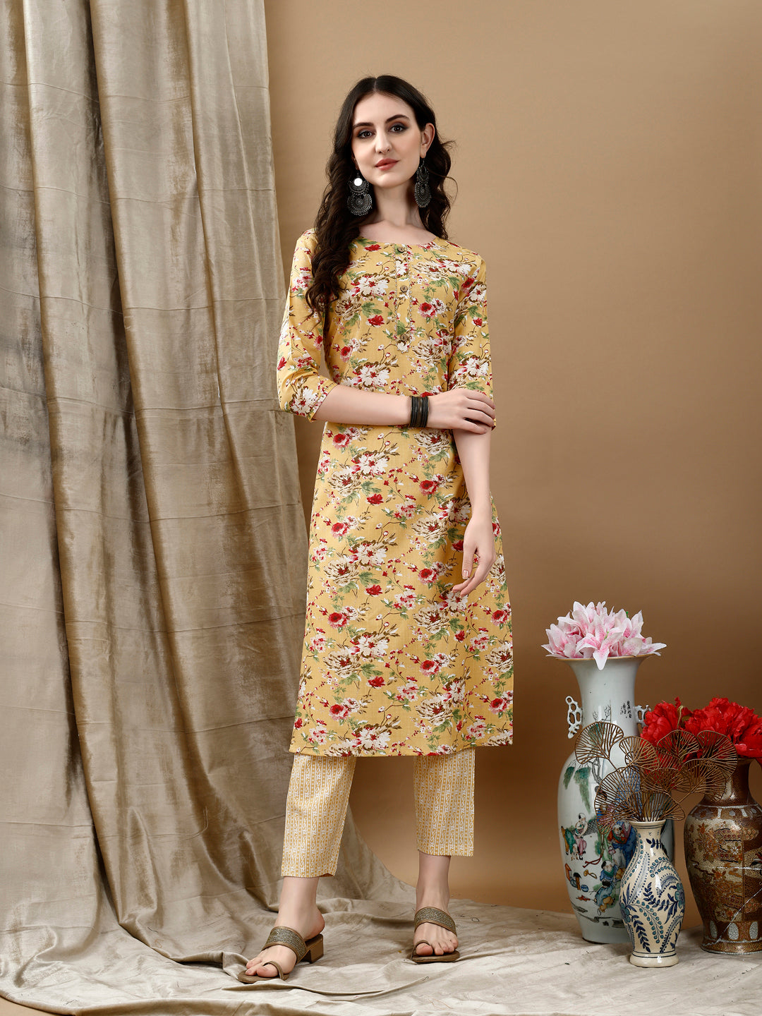 Floral Printed Kurta With Pant & Dupatta, Yellow - Hiral Fashion