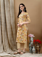 Floral Printed Kurta With Pant & Dupatta, Yellow - Hiral Fashion