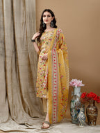 Floral Printed Kurta With Pant & Dupatta, Yellow - Hiral Fashion