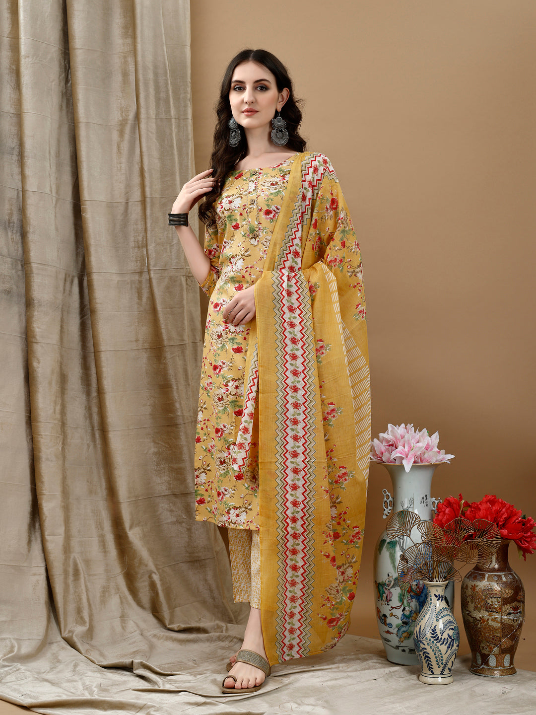 Floral Printed Kurta With Pant & Dupatta, Yellow - Hiral Fashion