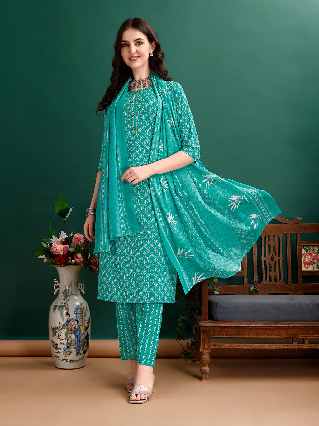 Ethnic Motifs Printed Kurta With Pant & Dupatta, Blue - Hiral Fashion