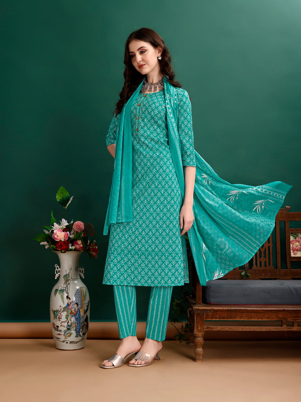 Ethnic Motifs Printed Kurta With Pant & Dupatta, Blue - Hiral Fashion