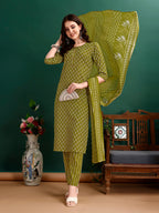 Ethnic Motifs Printed Kurta With Pant & Dupatta, Green - Hiral Fashion - Distacart