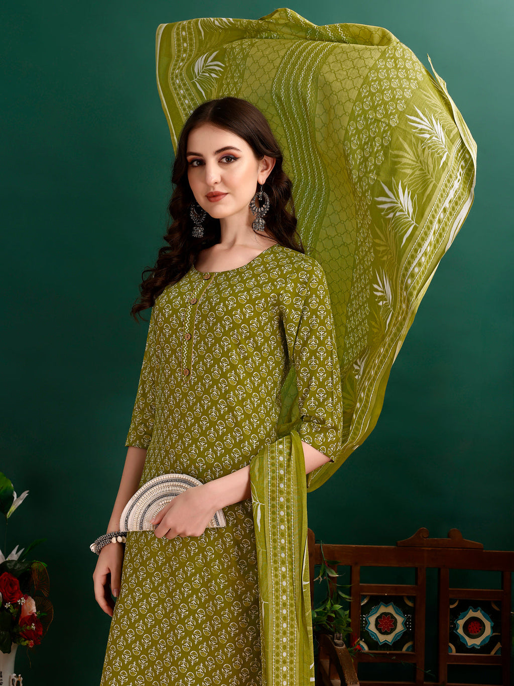 Ethnic Motifs Printed Kurta With Pant & Dupatta, Green - Hiral Fashion - Distacart
