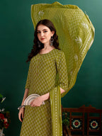 Ethnic Motifs Printed Kurta With Pant & Dupatta, Green - Hiral Fashion - Distacart