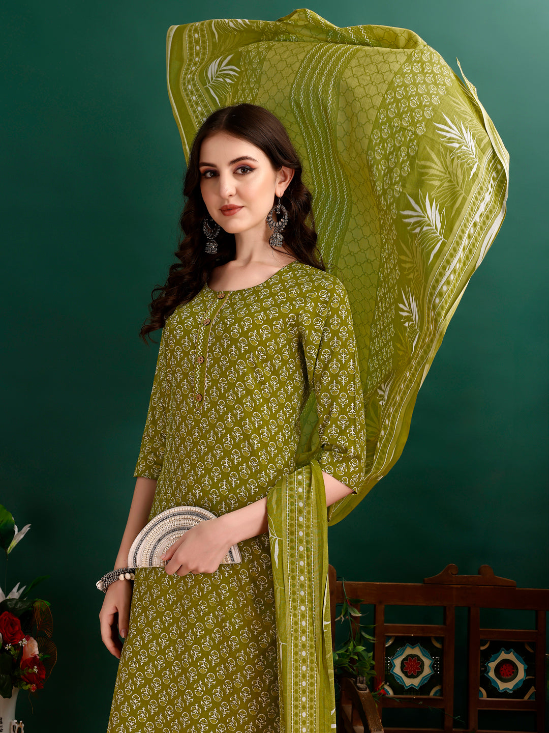Ethnic Motifs Printed Kurta With Pant & Dupatta, Green - Hiral Fashion - Distacart