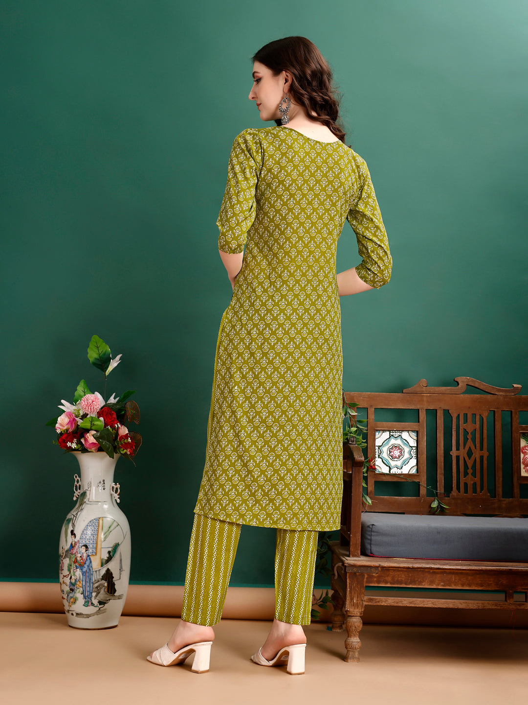 Ethnic Motifs Printed Kurta With Pant & Dupatta, Green - Hiral Fashion - Distacart