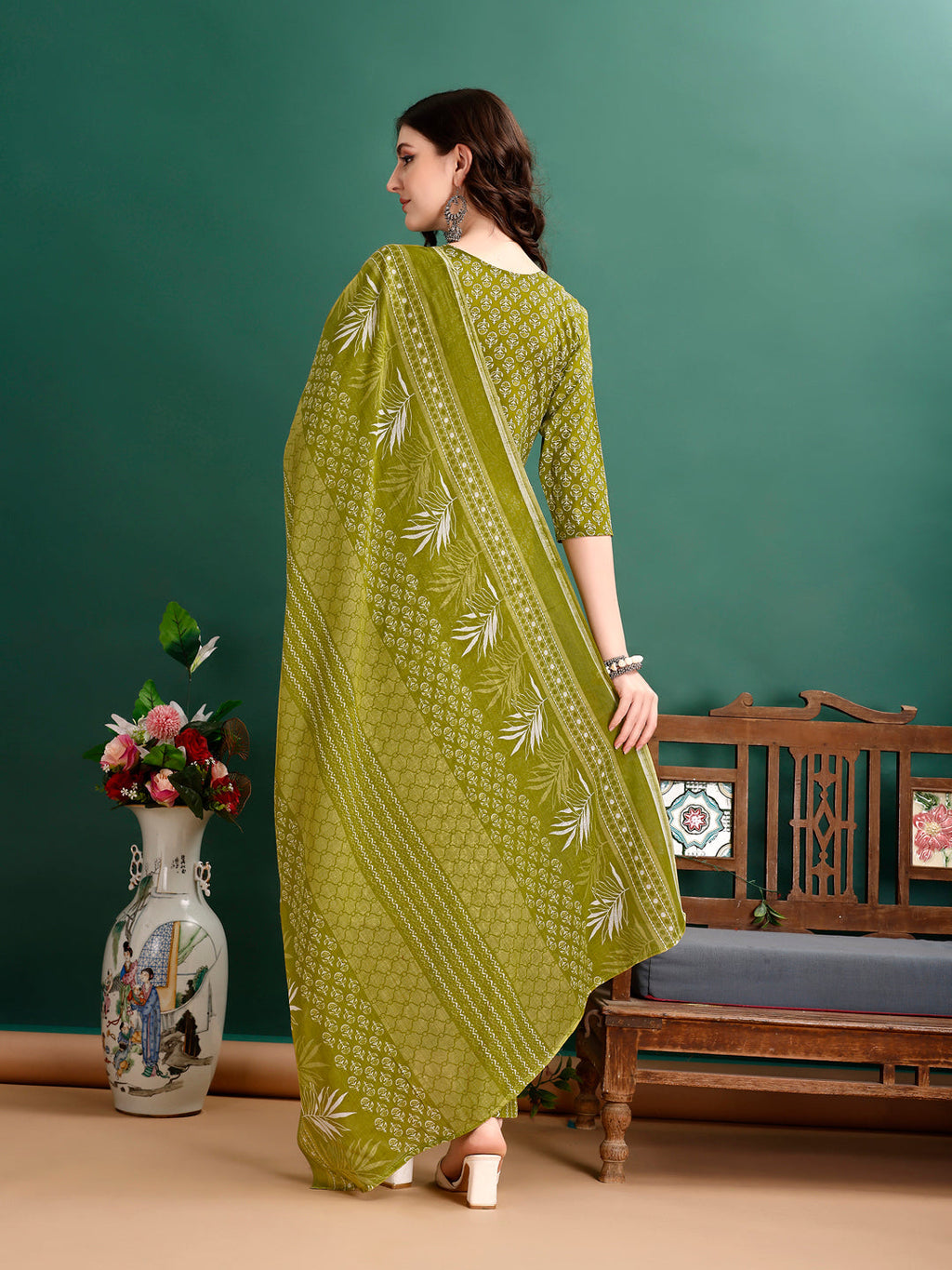 Ethnic Motifs Printed Kurta With Pant & Dupatta, Green - Hiral Fashion - Distacart