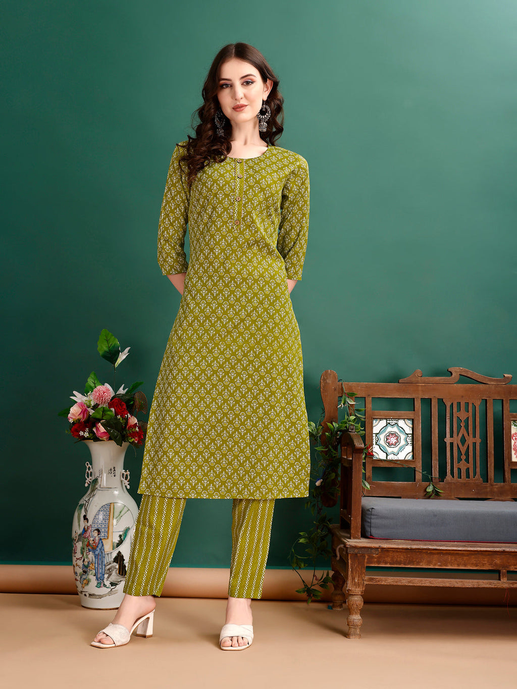 Ethnic Motifs Printed Kurta With Pant & Dupatta, Green - Hiral Fashion - Distacart