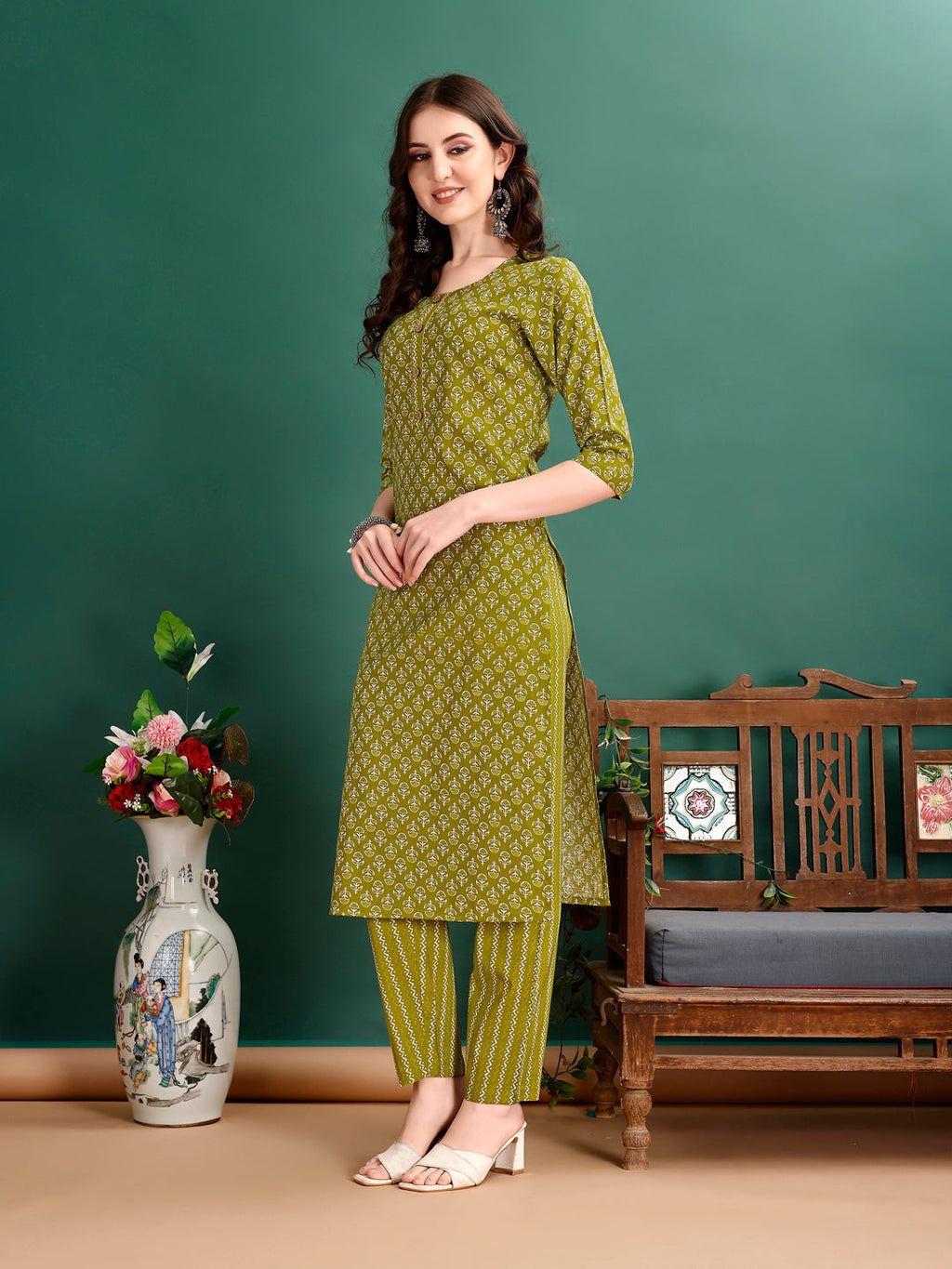 Ethnic Motifs Printed Kurta With Pant & Dupatta, Green - Hiral Fashion - Distacart