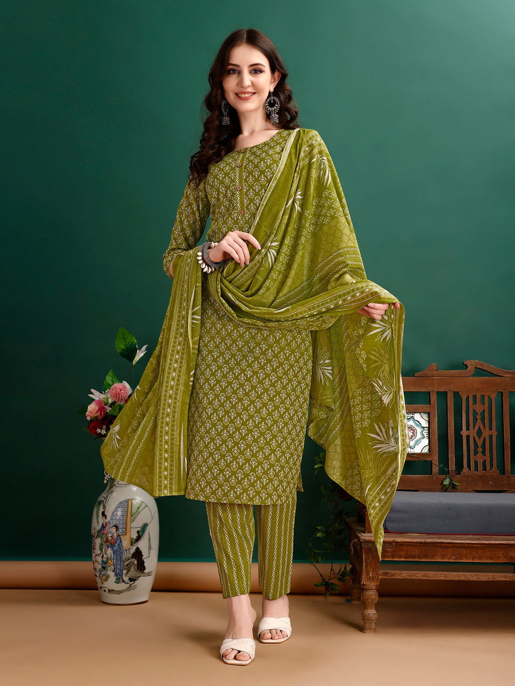 Ethnic Motifs Printed Kurta With Pant & Dupatta, Green - Hiral Fashion - Distacart