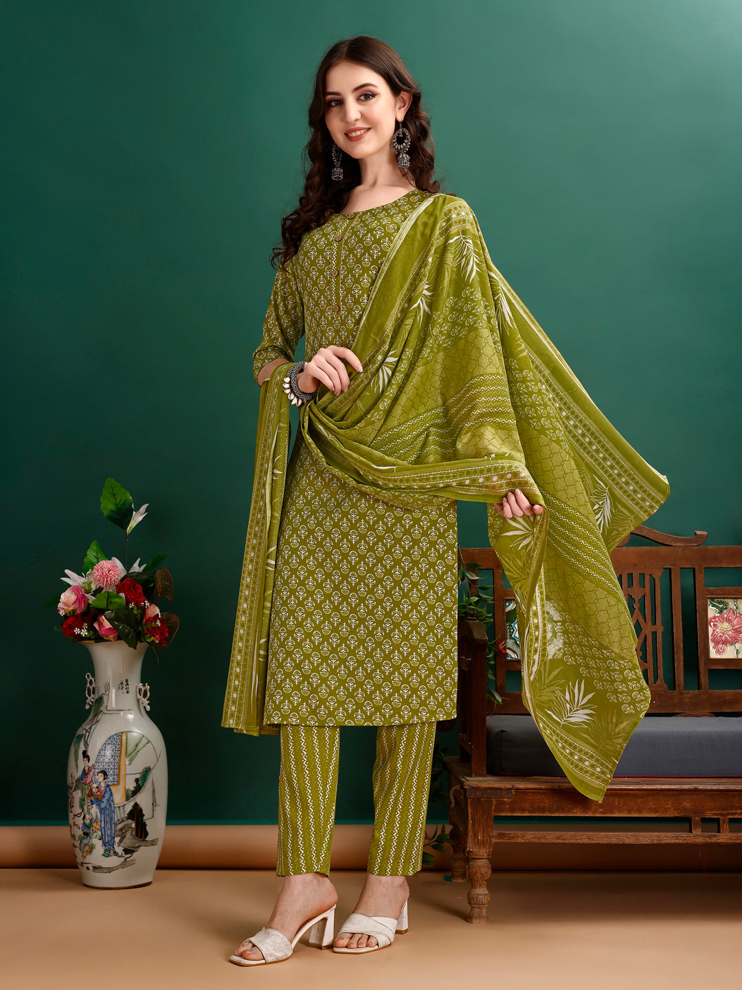 Ethnic Motifs Printed Kurta With Pant & Dupatta, Green - Hiral Fashion - Distacart