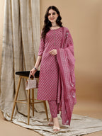 Ethnic Motifs Printed Kurta With Pant & Dupatta, Pink - Hiral Fashion - Distacart