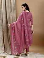 Ethnic Motifs Printed Kurta With Pant & Dupatta, Pink - Hiral Fashion - Distacart