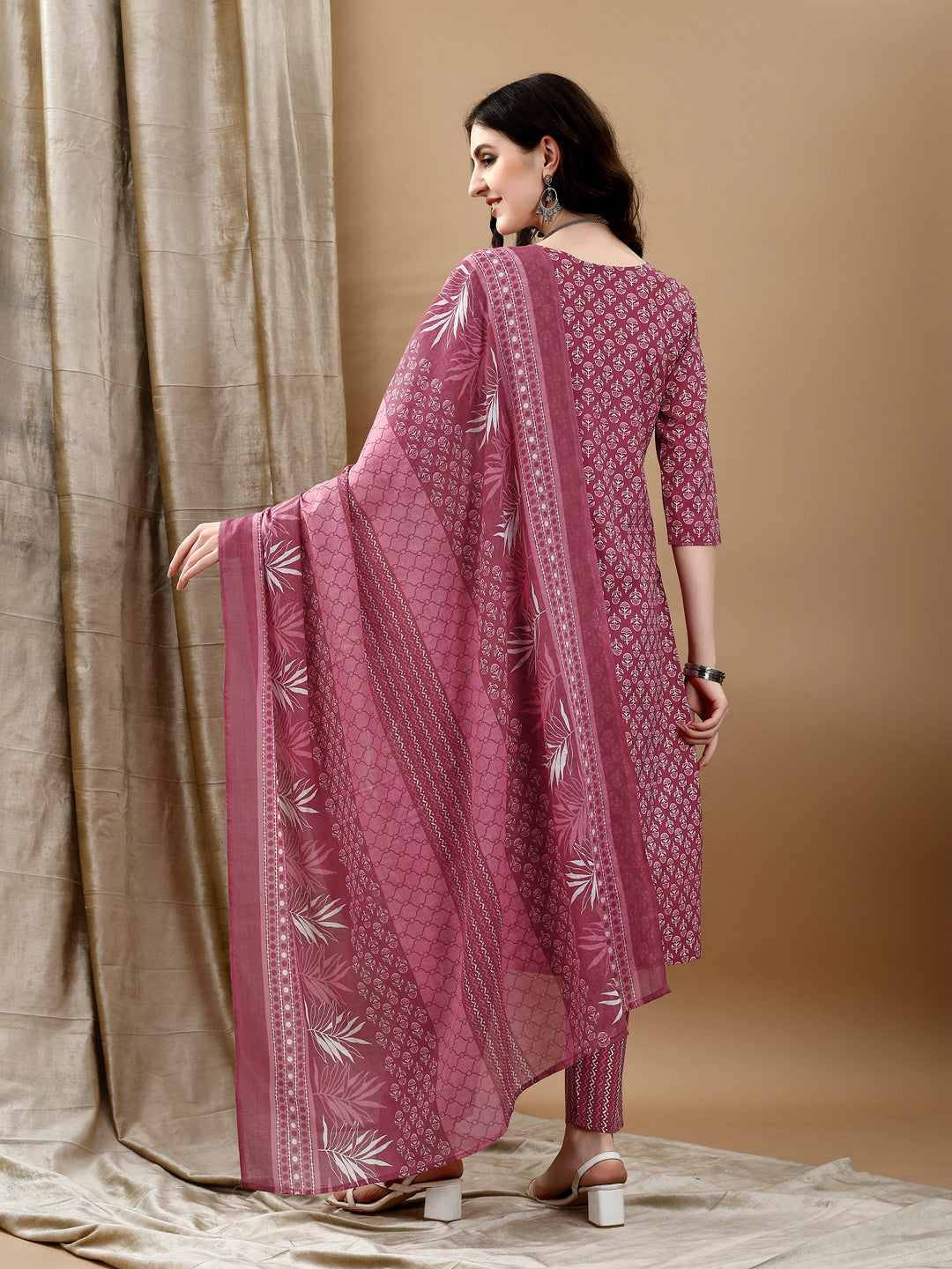 Ethnic Motifs Printed Kurta With Pant & Dupatta, Pink - Hiral Fashion - Distacart