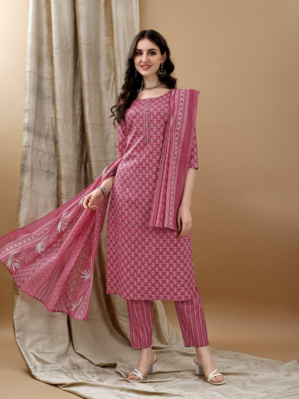 Ethnic Motifs Printed Kurta With Pant & Dupatta, Pink - Hiral Fashion - Distacart