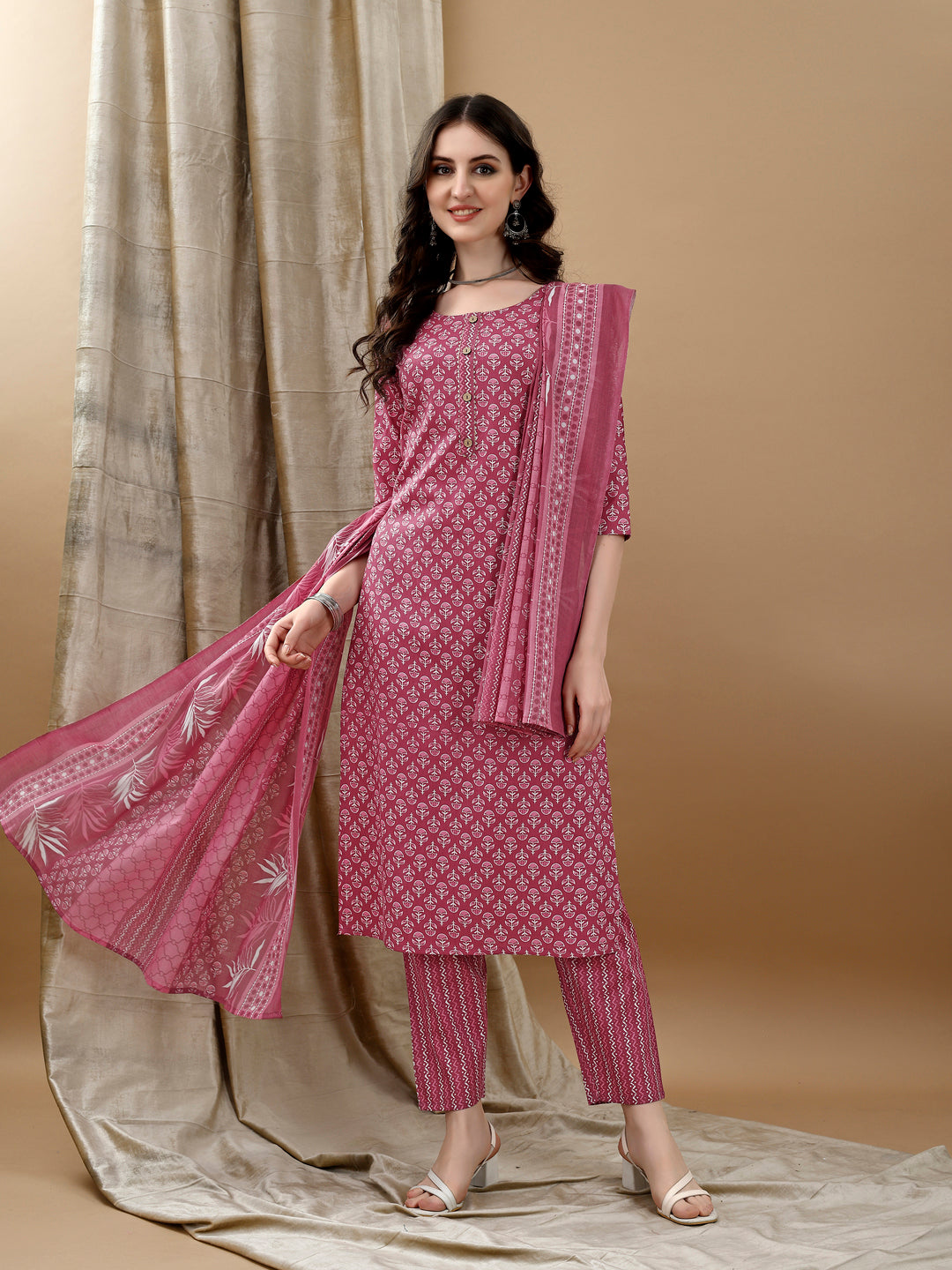 Ethnic Motifs Printed Kurta With Pant & Dupatta, Pink - Hiral Fashion - Distacart