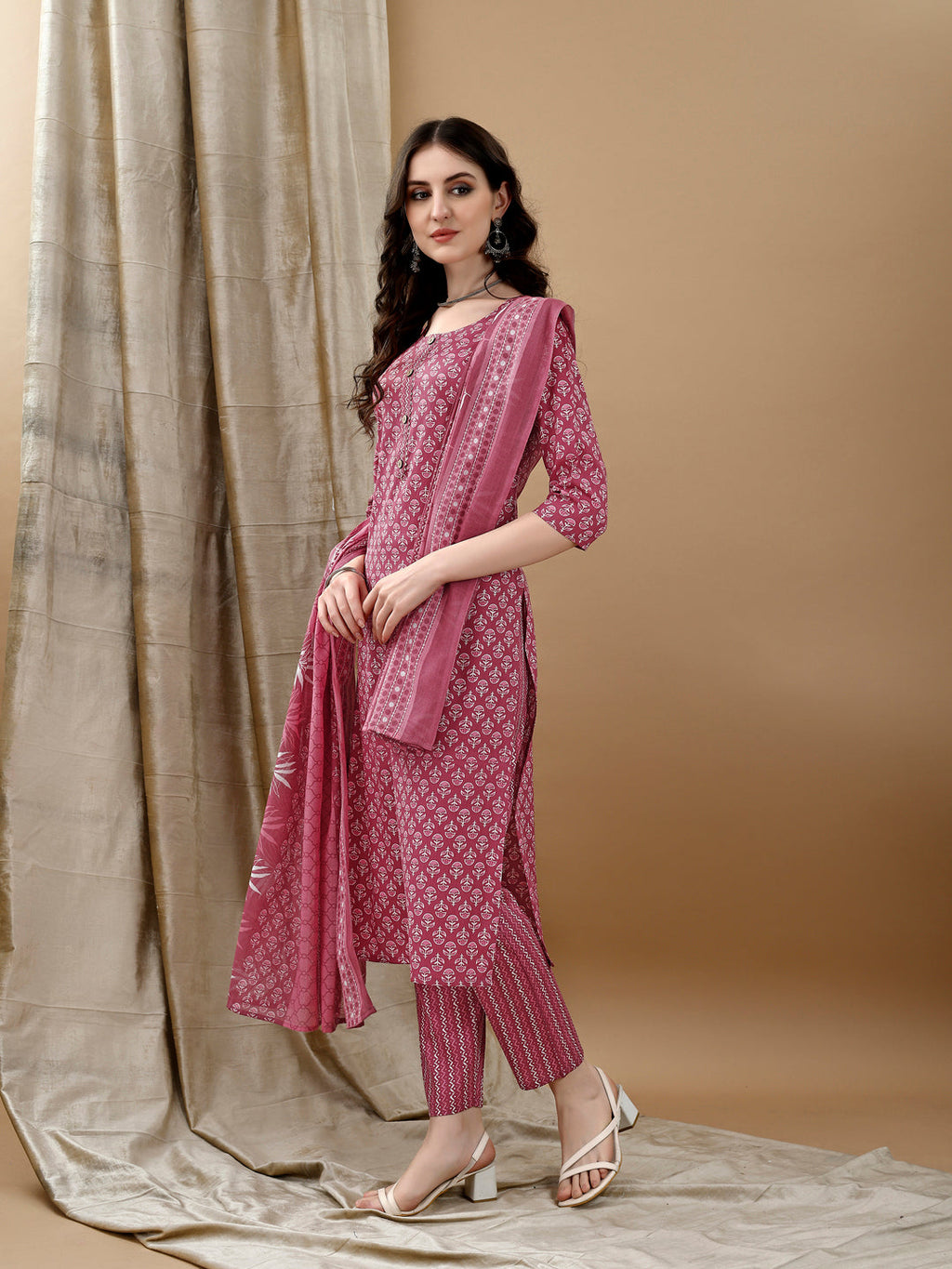 Ethnic Motifs Printed Kurta With Pant & Dupatta, Pink - Hiral Fashion - Distacart