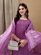 Ethnic Motifs Printed Kurta With Pant & Dupatta, Purple - Hiral Fashion - Distacart