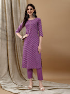 Ethnic Motifs Printed Kurta With Pant & Dupatta, Purple - Hiral Fashion - Distacart