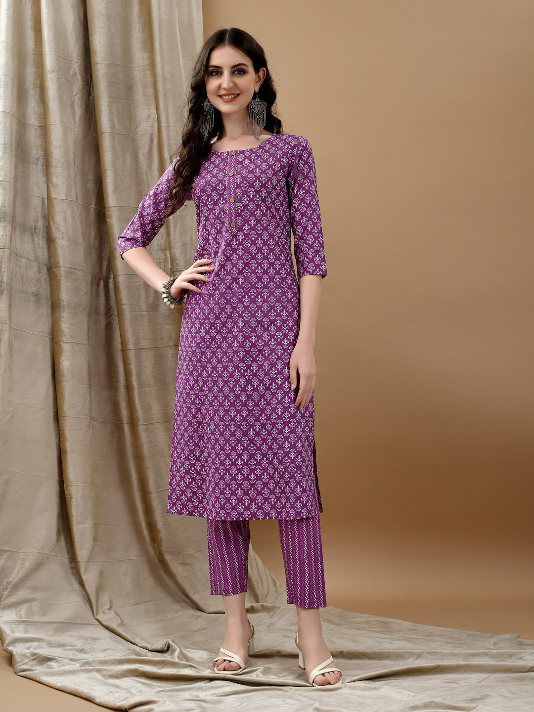 Ethnic Motifs Printed Kurta With Pant & Dupatta, Purple - Hiral Fashion - Distacart