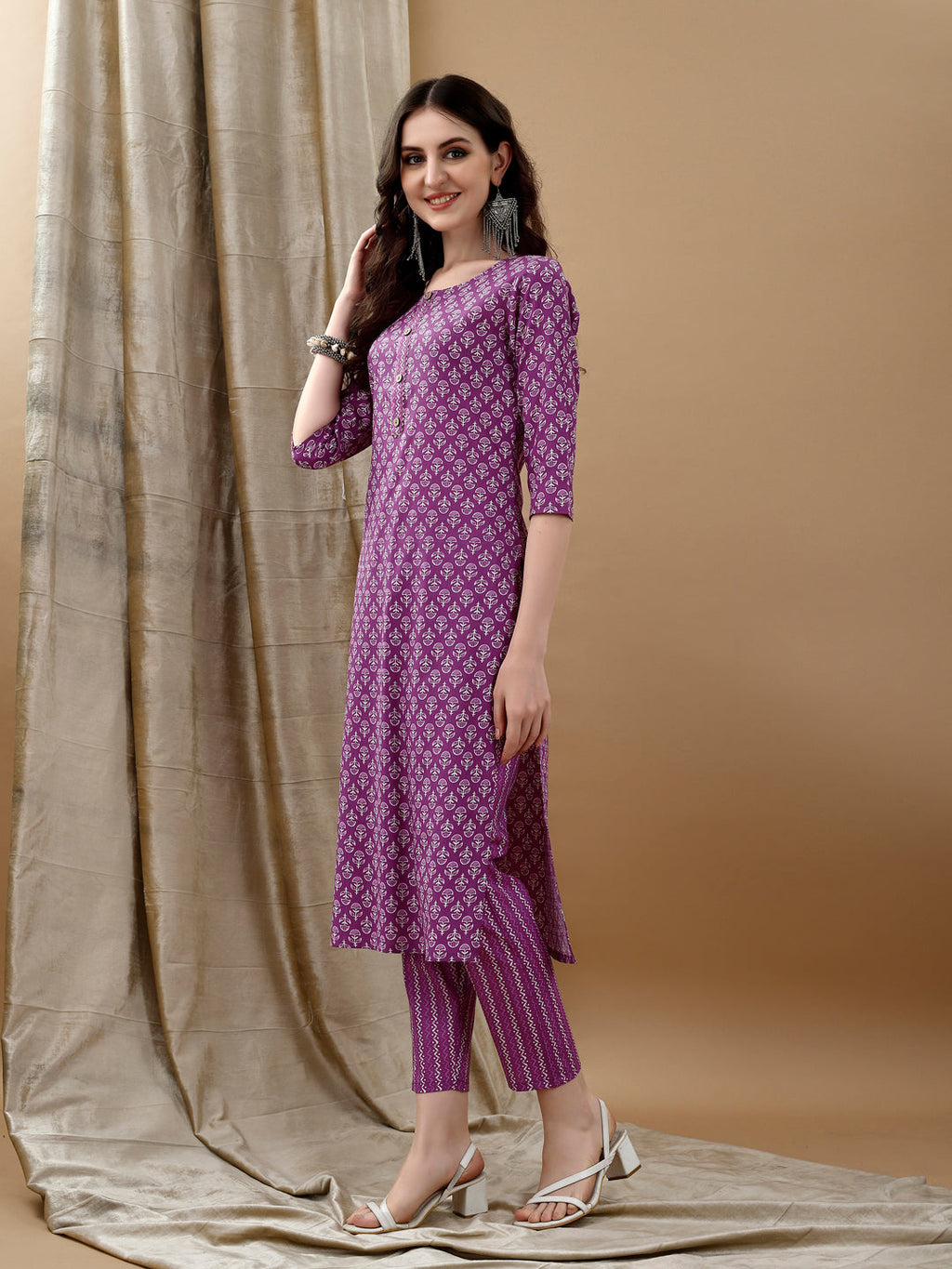 Ethnic Motifs Printed Kurta With Pant & Dupatta, Purple - Hiral Fashion - Distacart
