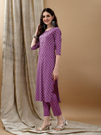 Ethnic Motifs Printed Kurta With Pant & Dupatta, Purple - Hiral Fashion - Distacart