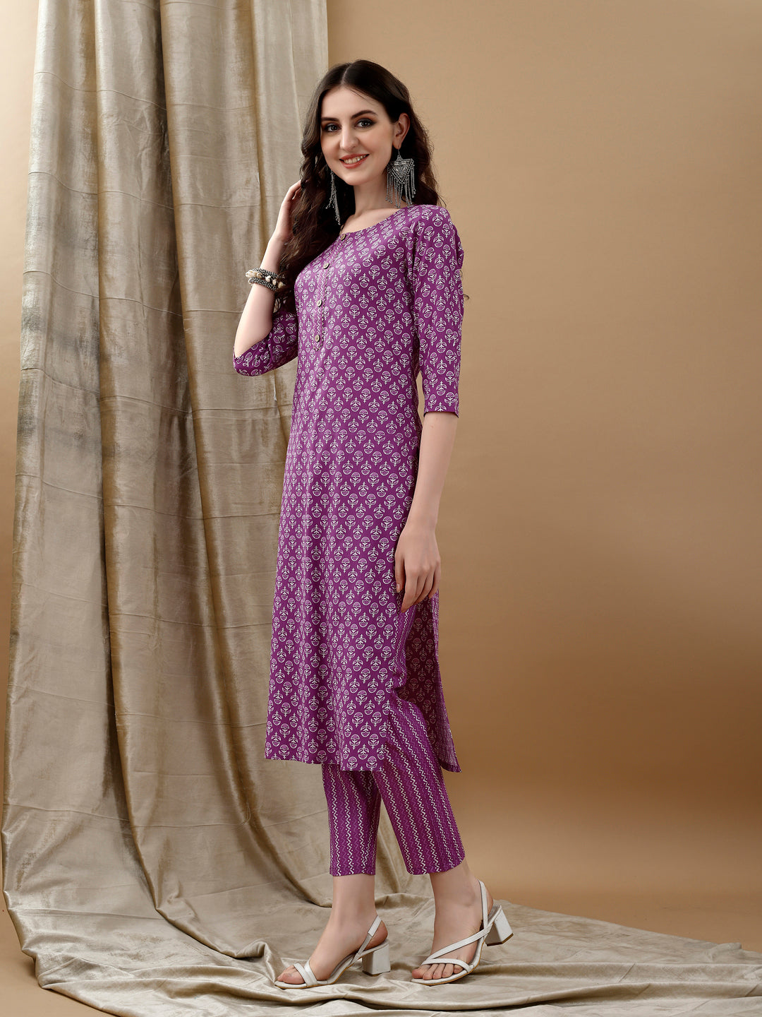 Ethnic Motifs Printed Kurta With Pant & Dupatta, Purple - Hiral Fashion - Distacart