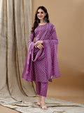 Ethnic Motifs Printed Kurta With Pant & Dupatta, Purple - Hiral Fashion - Distacart