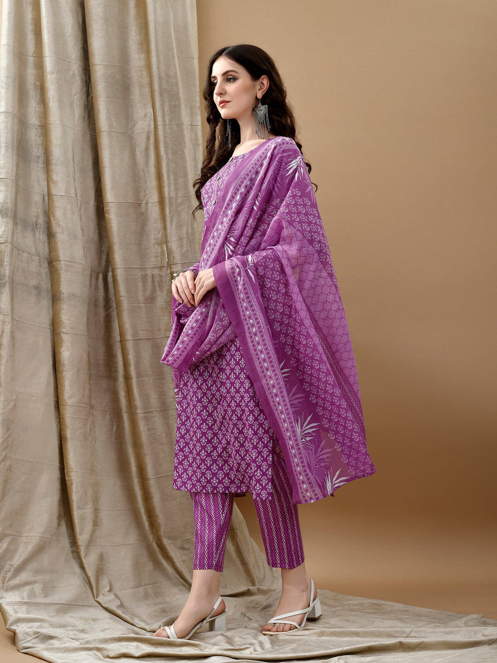 Ethnic Motifs Printed Kurta With Pant & Dupatta, Purple - Hiral Fashion - Distacart
