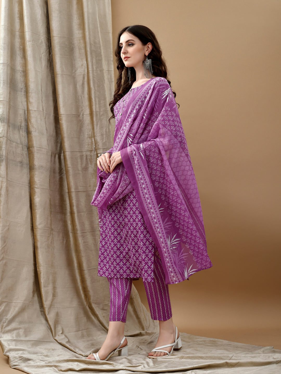 Ethnic Motifs Printed Kurta With Pant & Dupatta, Purple - Hiral Fashion - Distacart