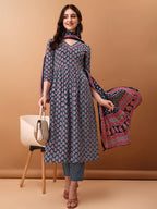 Nyra Cut Ethnic Motifs Printed Kurta With Pant & Dupatta, Blue - Hiral Fashion - Distacart