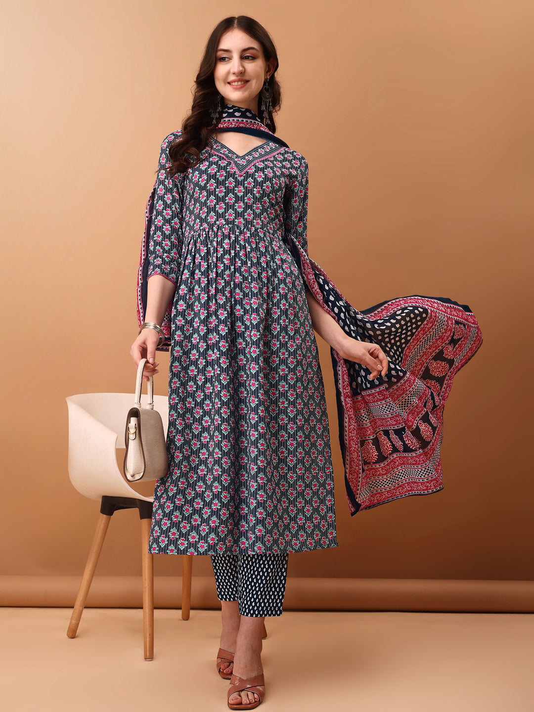 Nyra Cut Ethnic Motifs Printed Kurta With Pant & Dupatta, Blue - Hiral Fashion - Distacart