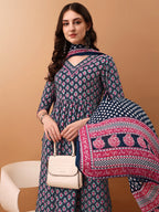 Nyra Cut Ethnic Motifs Printed Kurta With Pant & Dupatta, Blue - Hiral Fashion - Distacart