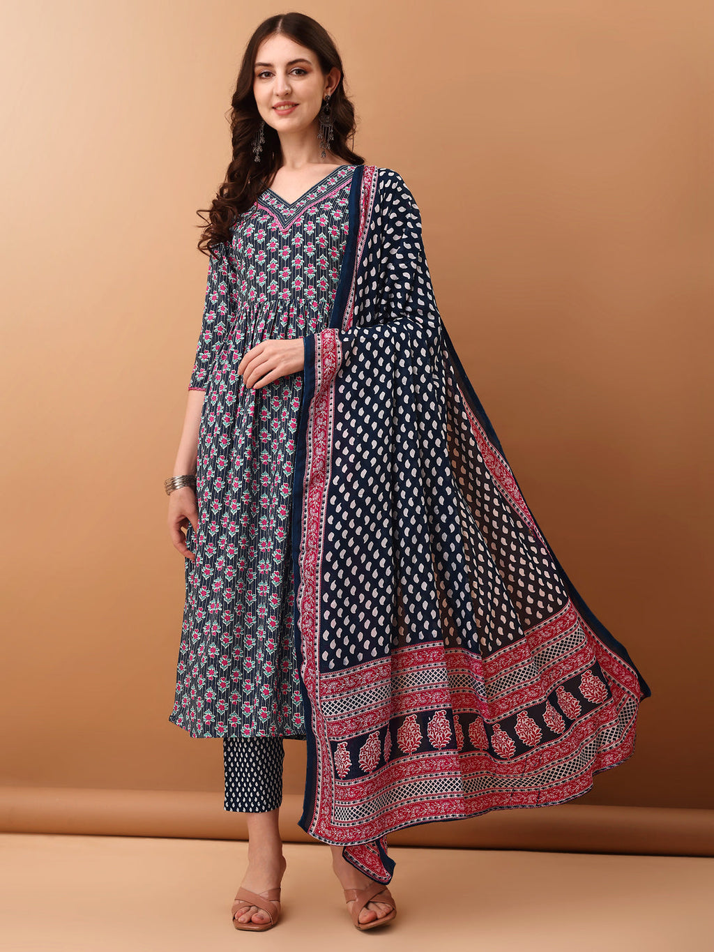 Nyra Cut Ethnic Motifs Printed Kurta With Pant & Dupatta, Blue - Hiral Fashion - Distacart