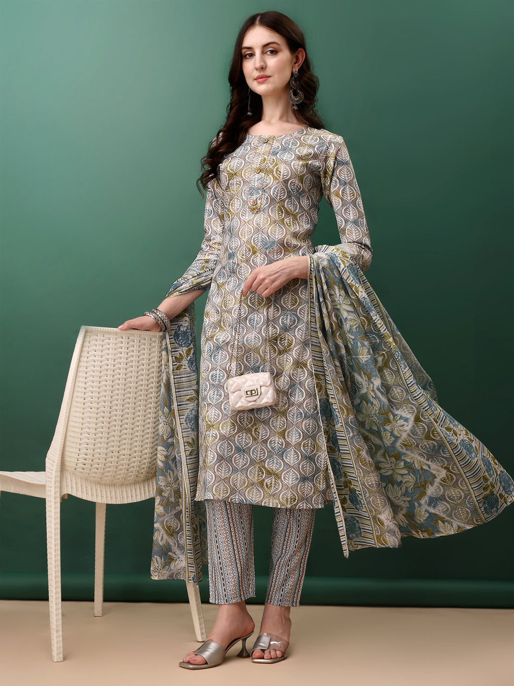 Floral Printed Kurta With Pant & Dupatta, Blue - Hiral Fashion - Distacart