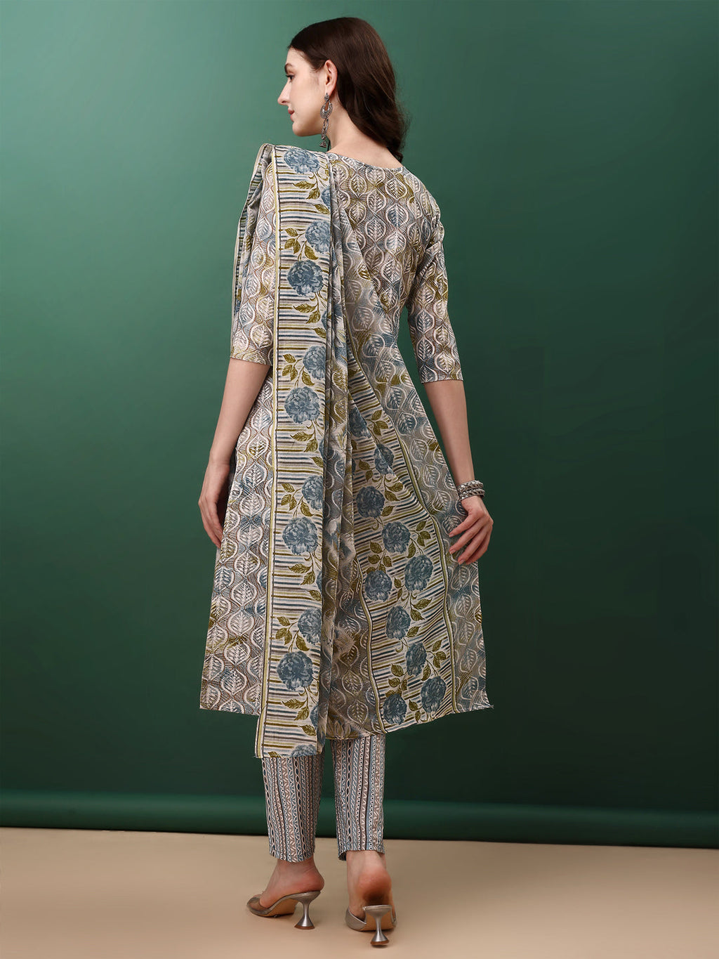 Floral Printed Kurta With Pant & Dupatta, Blue - Hiral Fashion - Distacart
