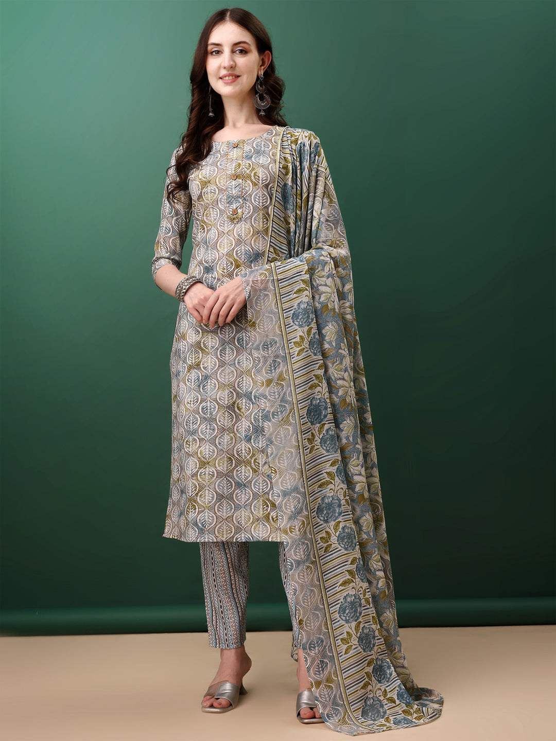 Floral Printed Kurta With Pant & Dupatta, Blue - Hiral Fashion - Distacart