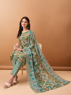 Floral Printed Kurta With Pant & Dupatta, Green - Hiral Fashion - Distacart