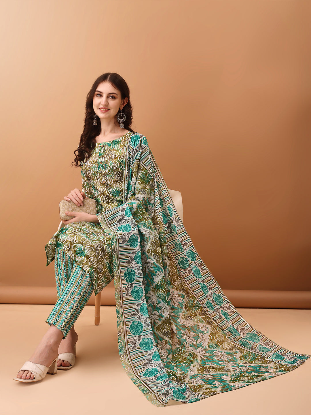 Floral Printed Kurta With Pant & Dupatta, Green - Hiral Fashion - Distacart